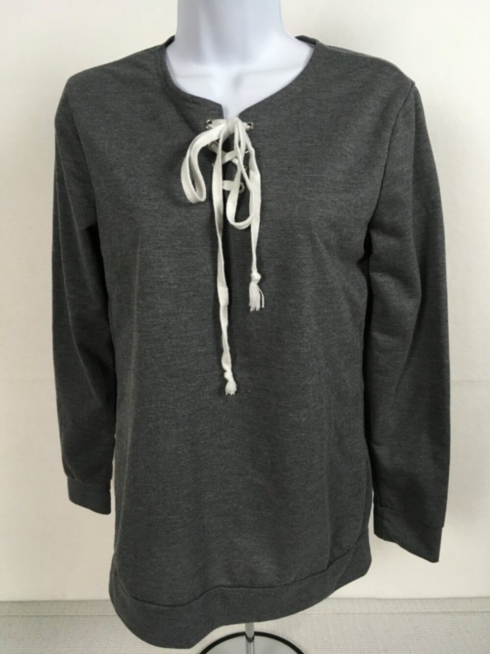 Top Women Size M Dark Gray Long Sleeves White Lace Up Front Round Neckline